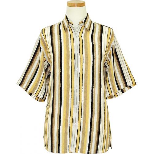 Bassiri Sand / Taupe / Cream / Black Striped Micro Fiber Short Sleeves Shirt 3411